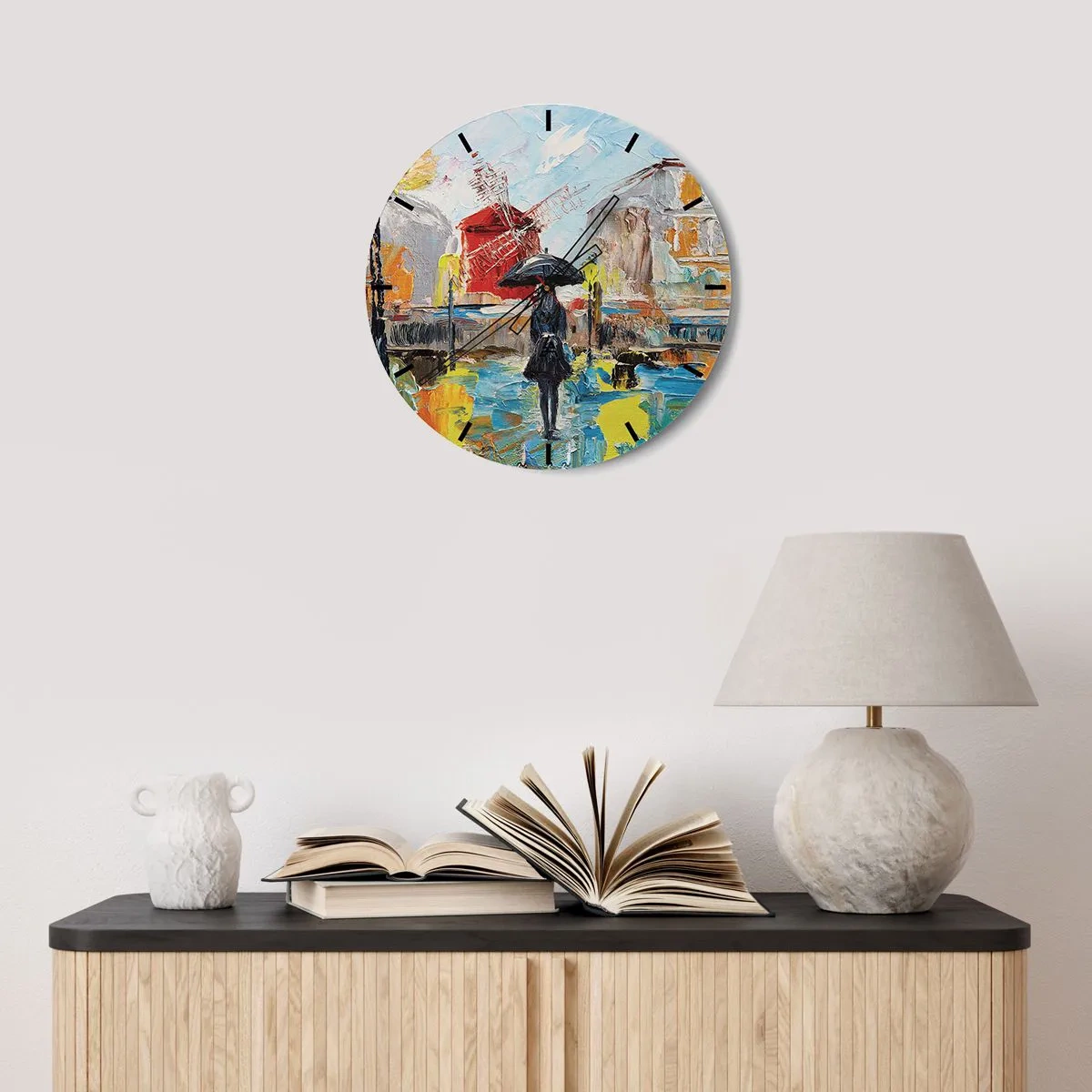 Wandklok - Klok - Kleurrijk stadsgezicht met een vrouw en een windmolen - 30x30cm - Parijse legendes - Moderne wanddecoratie voor woonkamer, keuken en slaapkamer ARTTOR