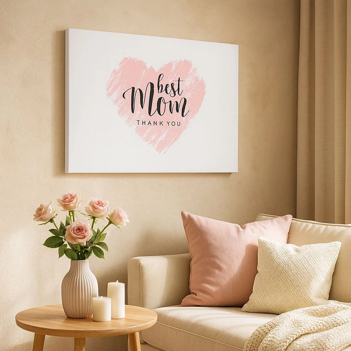 Schilderen op canvas - Roze hart met de tekst "Beste moeder, bedankt" op een witte achtergrond - 70x50cm - Altijd het juiste moment - Moderne wanddecoratie voor woonkamer en slaapkamer ARTTOR