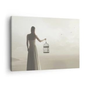 Schilderen op canvas - Een vrouw met een kooi tegen een kalme lucht - 70x50cm - Wees vrij - Moderne wanddecoratie voor woonkamer en slaapkamer ARTTOR