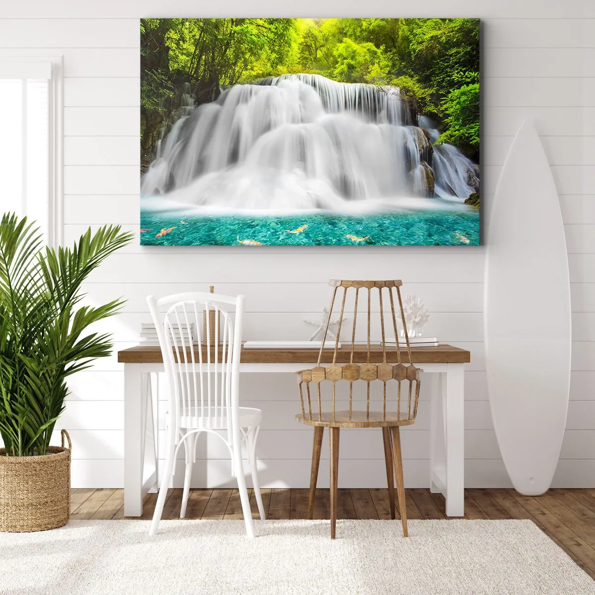 Schilderen op canvas - Een schuimige waterval van groen naar azuurblauw - 120x80 cm