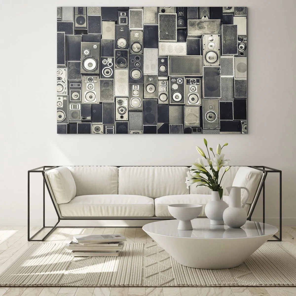 Schilderen op glas - Een compositie van retro speakers in grijstinten - 70x50cm - En alles is goed - Moderne wanddecoratie voor woonkamer en slaapkamer ARTTOR