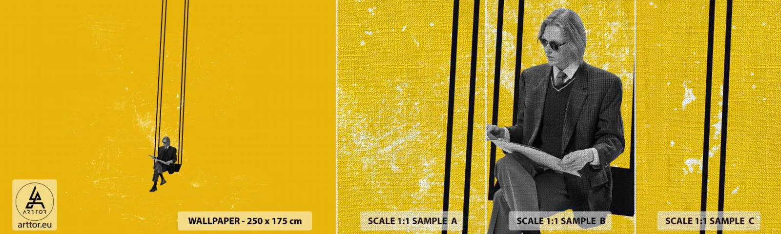 Fotobehang Monster Premium Canvas - Dag als iedere dag - Moderne kunst, Schommel, Man - 100x30 cm