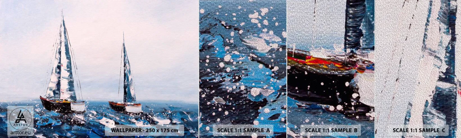 Fotobehang Monster Premium Sand - Broederschap van de wind - Zeilboten, Landschap, Kust - 100x30 cm