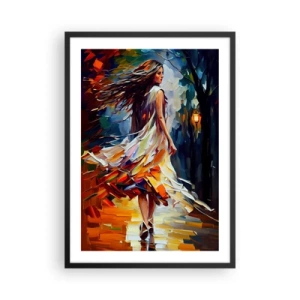 Poster in een zwarte lijst - Een vrouw danst tussen kleurrijke herfstbladeren - 50x70cm - Herfst meisje - Moderne wanddecoratie voor woonkamer en slaapkamer ARTTOR