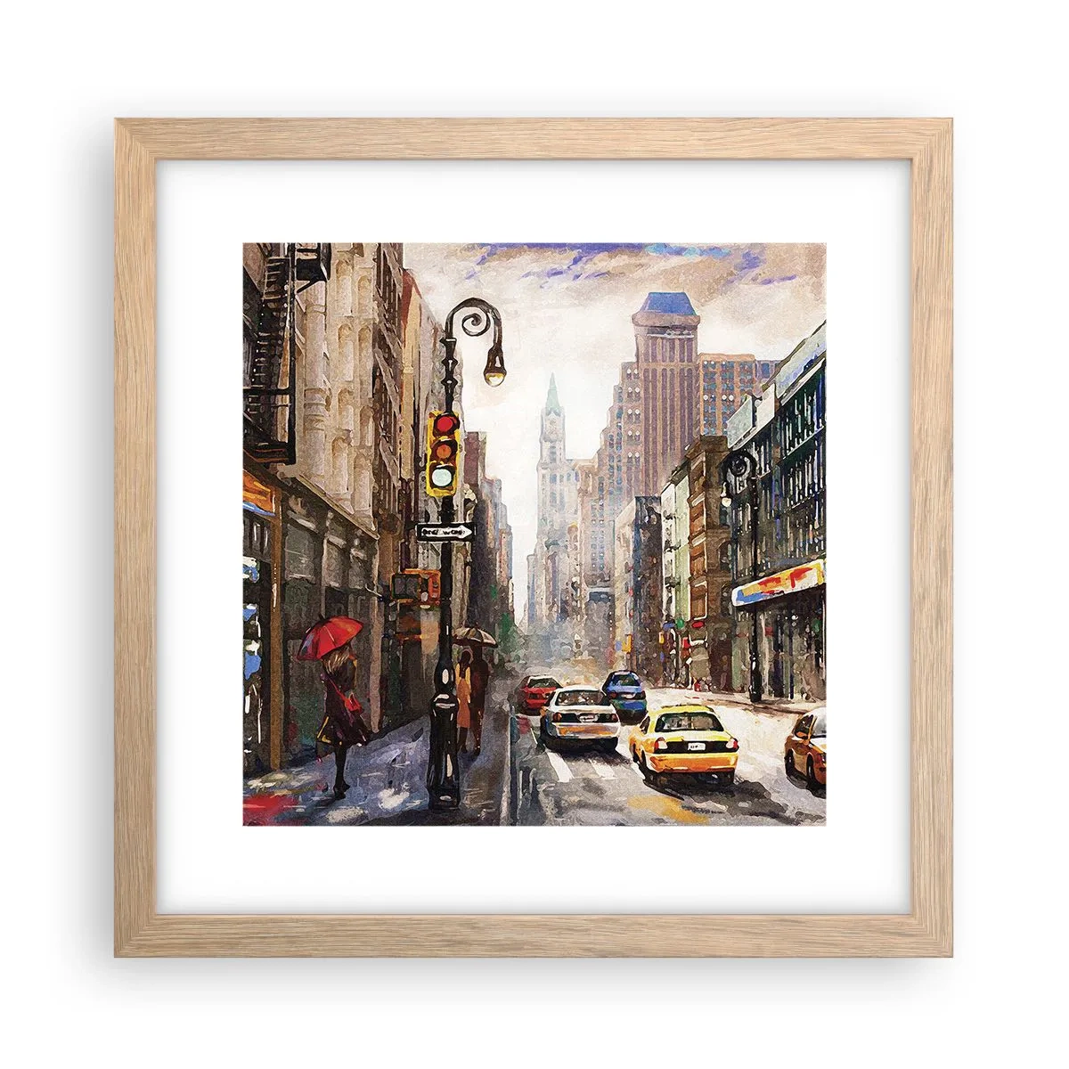 Een poster in een licht eiken lijst - New York - ook kleurrijk in de regen - 30x30 cm
