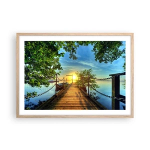 Een poster in een licht eiken lijst - Zonsondergang boven het water - 70x50 cm