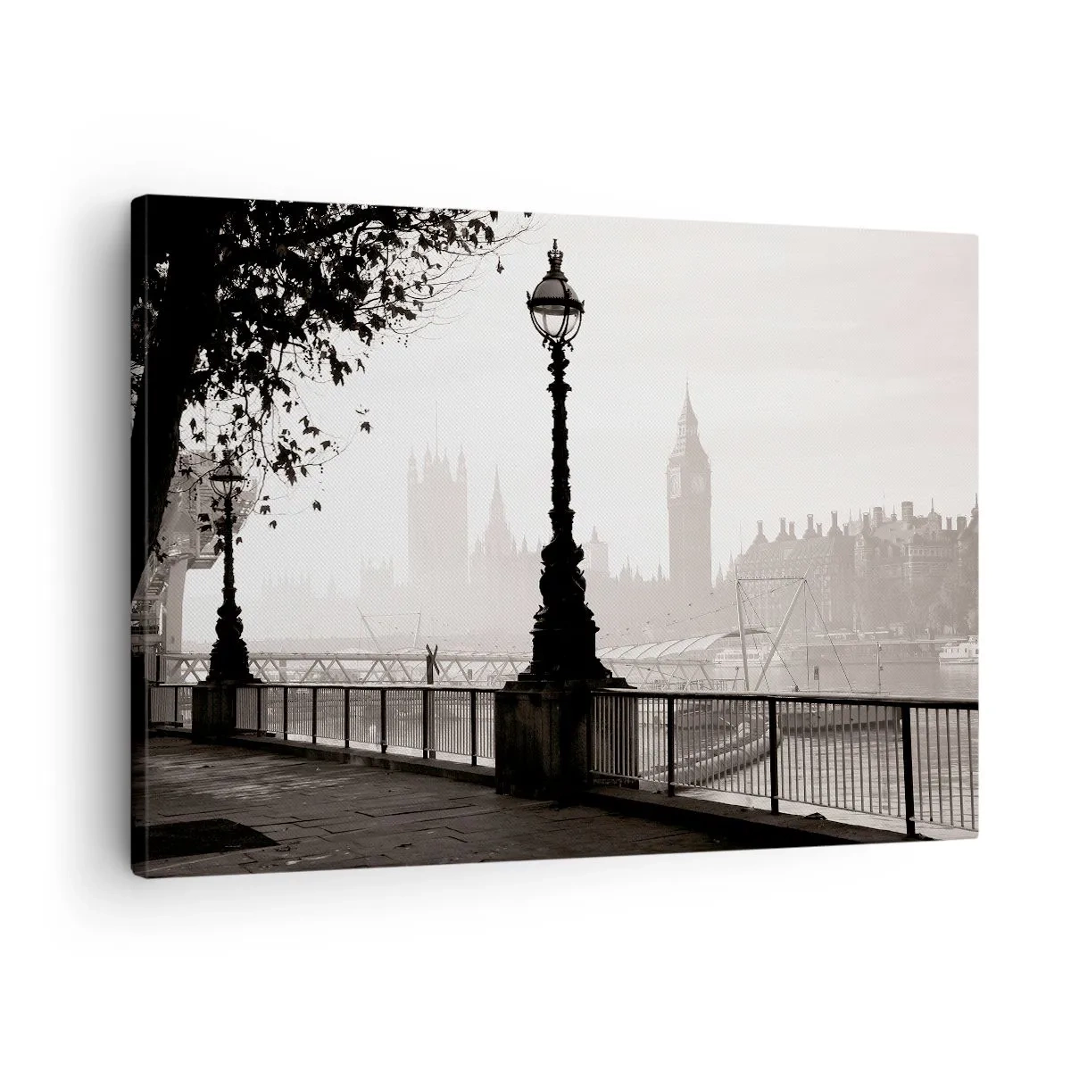 Schilderen op canvas - Een monochroom beeld van Big Ben en de Theems. - 70x50cm - Ochtend in Londen - Moderne wanddecoratie voor woonkamer en slaapkamer ARTTOR