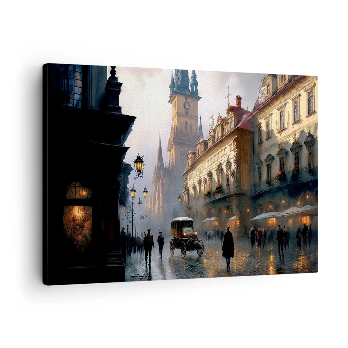 Schilderen op canvas - Avondstraatbeeld met historische architectuur - 70x50cm - De charme van een Praagse avond - Moderne wanddecoratie voor woonkamer en slaapkamer ARTTOR