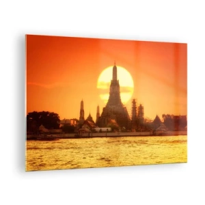 Schilderen op glas - Tempel bij zonsondergang over de rivier - 70x50cm - Naar de zon, altijd naar de zon toe - Moderne wanddecoratie voor woonkamer en slaapkamer ARTTOR