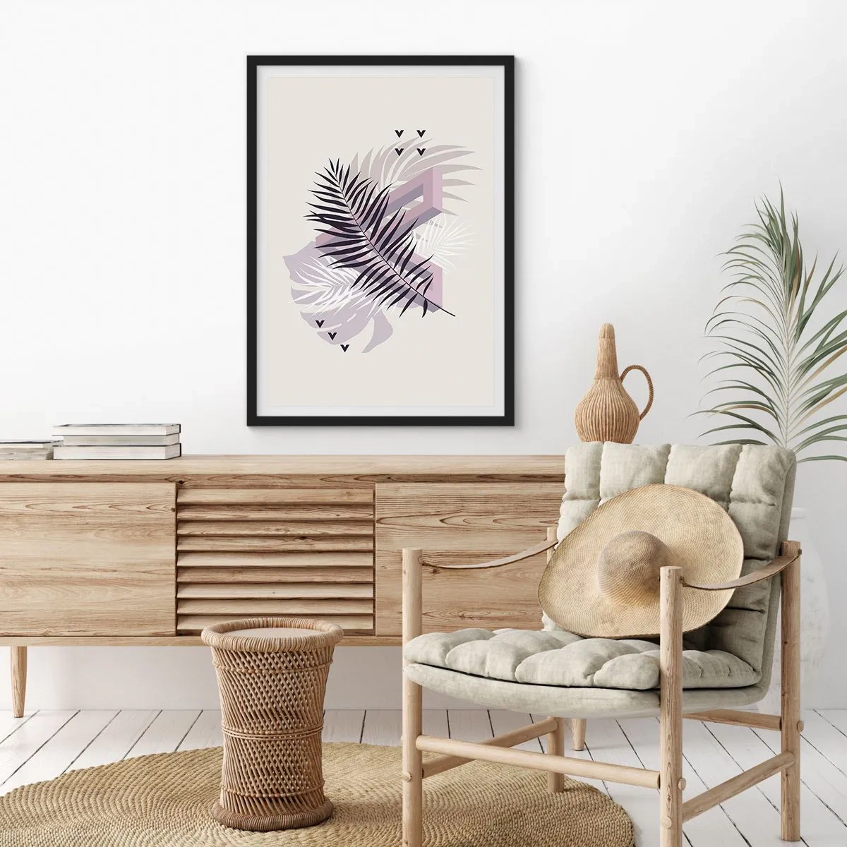 Poster in een zwarte lijst - Abstracte compositie met bladeren en geometrische vormen - 50x70cm - De schaduw van de schaduw - Moderne wanddecoratie voor woonkamer en slaapkamer ARTTOR