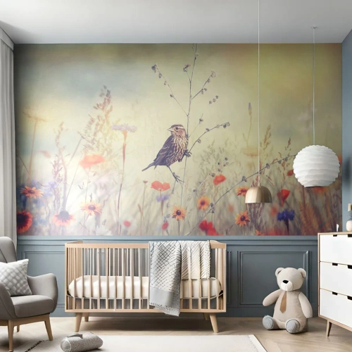 Fotobehang Premium Canvas - Vogelportret met een weiland op de achtergrond - Vogel, Wei, Natuur - 250x175 cm