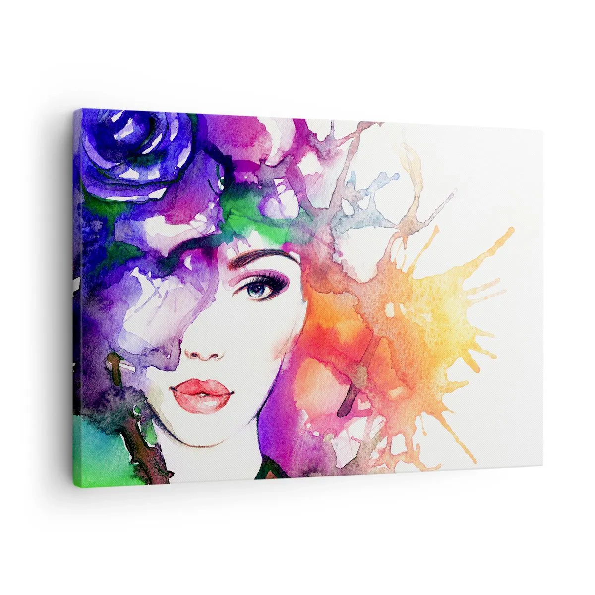 Schilderen op canvas - Portret van een vrouw in aquarelkleuren met abstracte vlekken - 70x50cm - Met hoofd in de wolken - Moderne wanddecoratie voor woonkamer en slaapkamer ARTTOR
