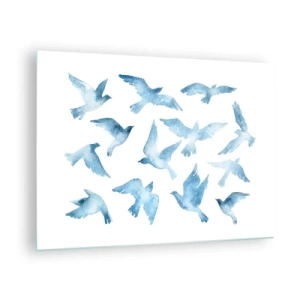 Schilderen op glas - Illustratie van blauwe vogels op een witte achtergrond - 70x50cm - Blauwe vogels - Moderne wanddecoratie voor woonkamer en slaapkamer ARTTOR