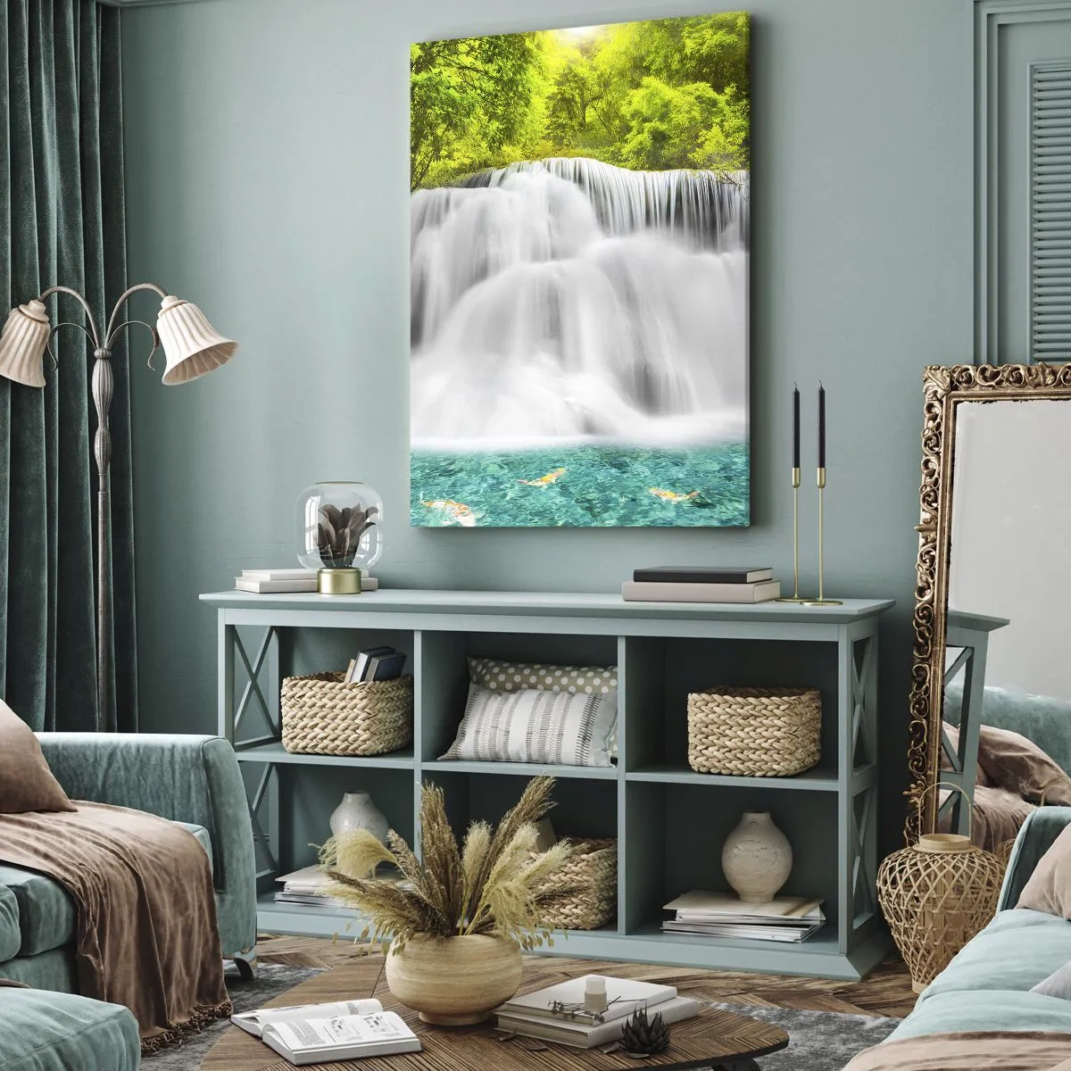 Schilderen op canvas - Een schuimige waterval van groen naar azuurblauw - 45x80 cm