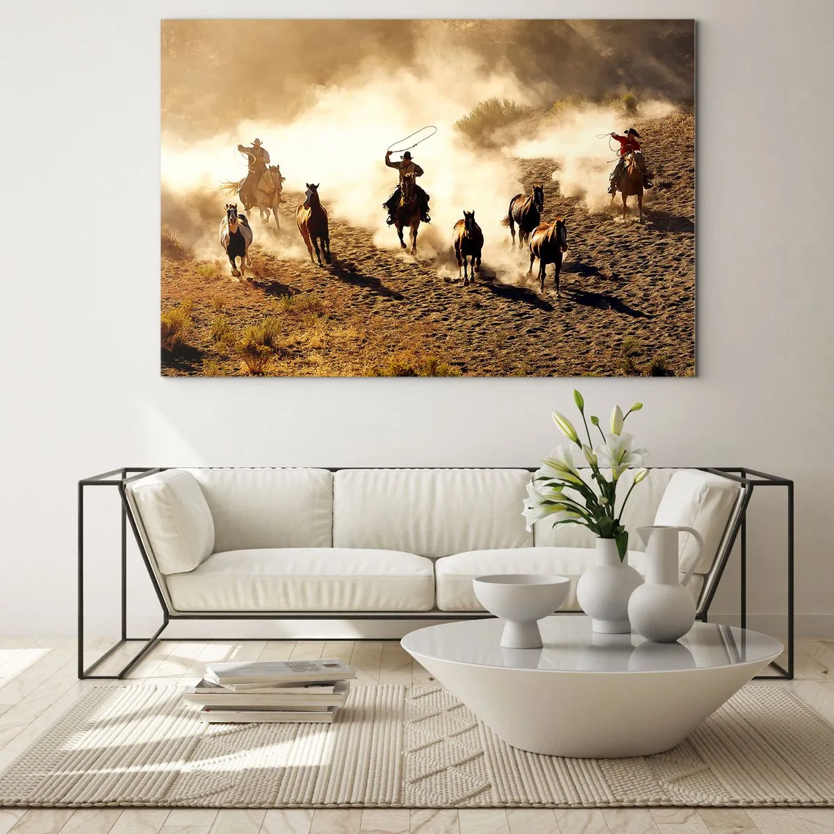Schilderen op glas - Cowboys te paard in het stof bij een rodeo - 70x50cm - Echt wilde Westen - Moderne wanddecoratie voor woonkamer en slaapkamer ARTTOR