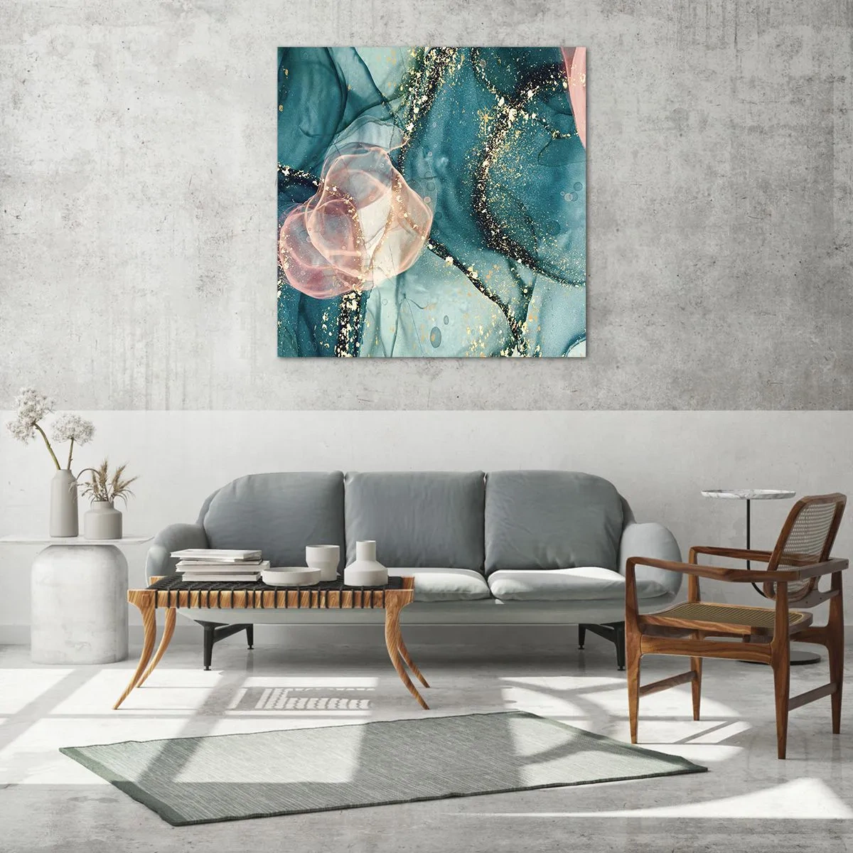 Schilderen op glas - Zijdeblauw, tule roze - 70x70 cm