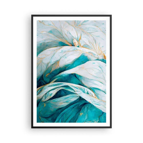 Poster in een zwarte lijst - Blauwe abstractie met een gouden motief - 70x100 cm