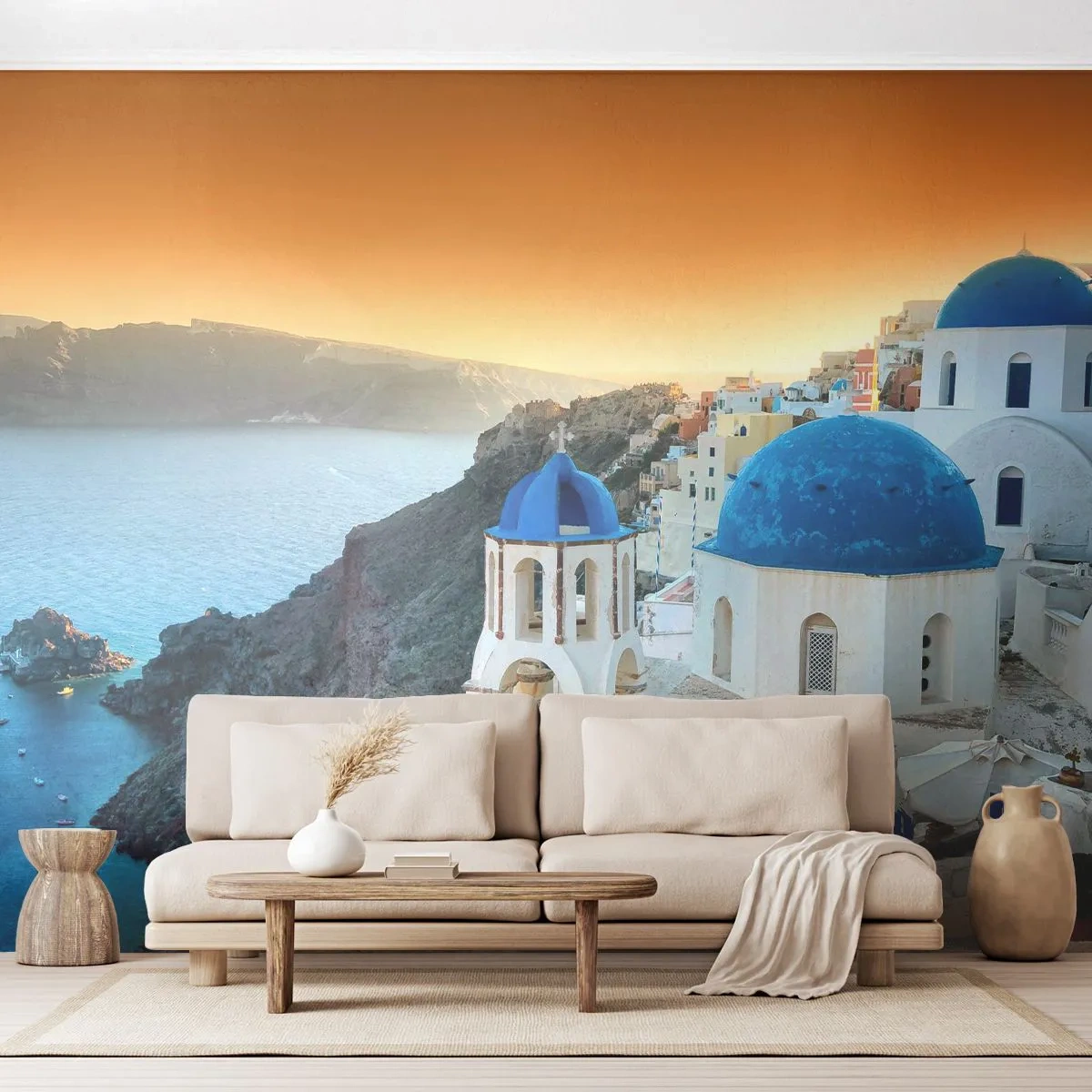 Fotobehang Standard Eco - Santorini - genesteld tegen de rotsen - Landschap, Griekenland, Santorini - 250x175 cm