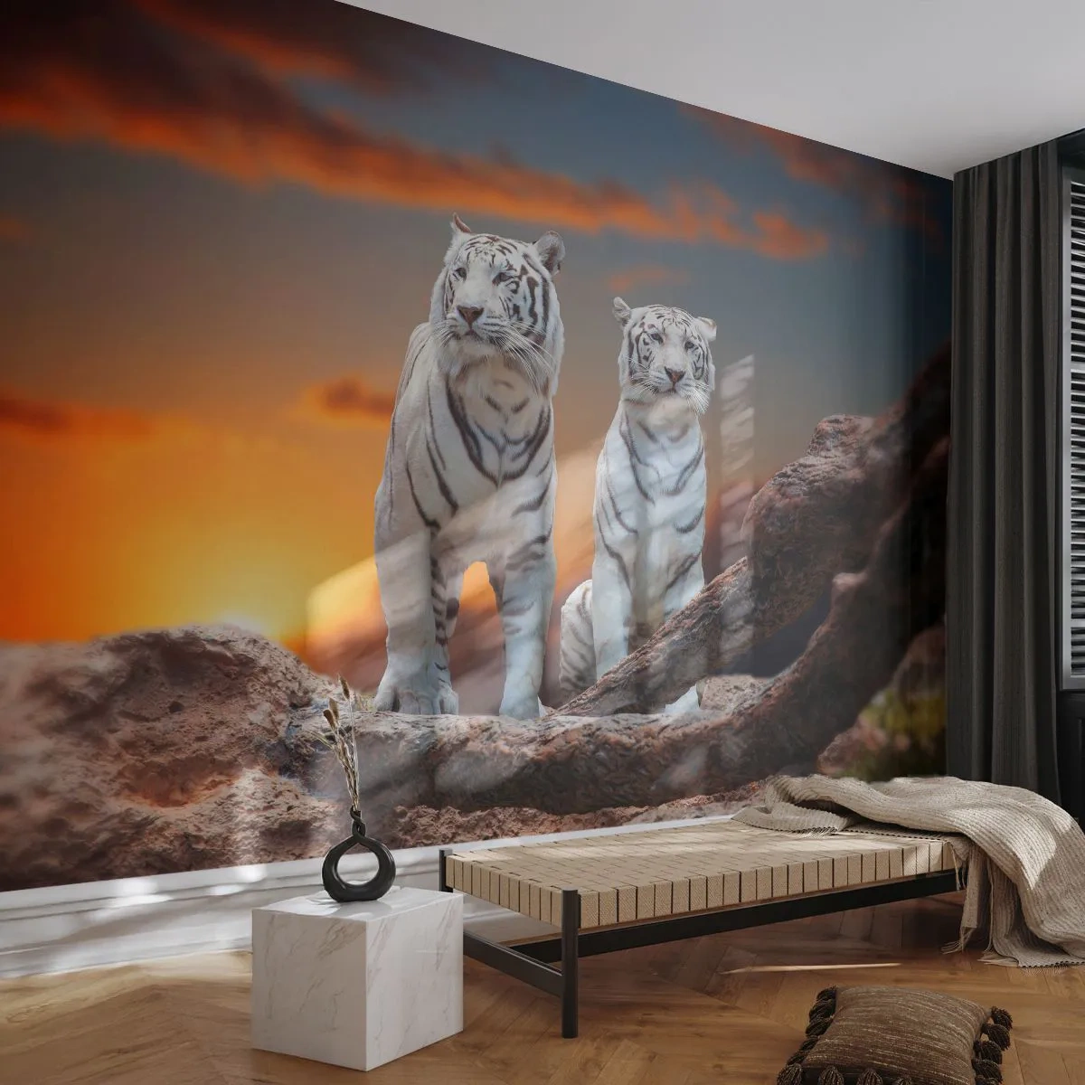 Fotobehang Standard Eco - Net als in Narnia - Dieren, Tijger, Zonsondergang - 250x175 cm