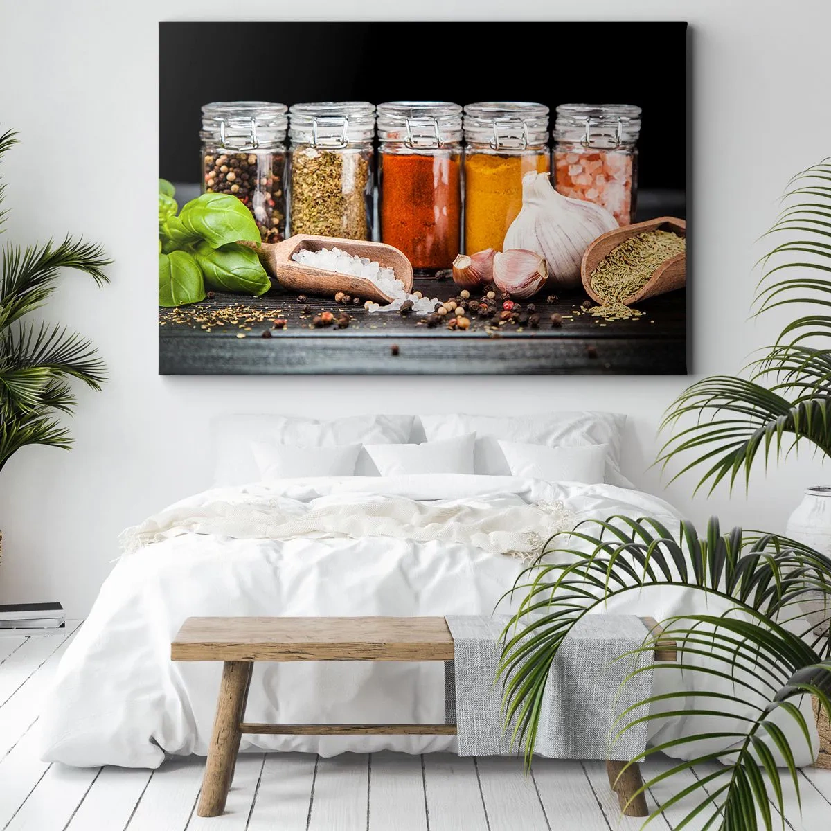 Schilderen op canvas - Kruiden en specerijen in glazen potten op een donkere achtergrond - 70x50cm - Zodat het leven smaak heeft - Moderne wanddecoratie voor woonkamer en slaapkamer ARTTOR