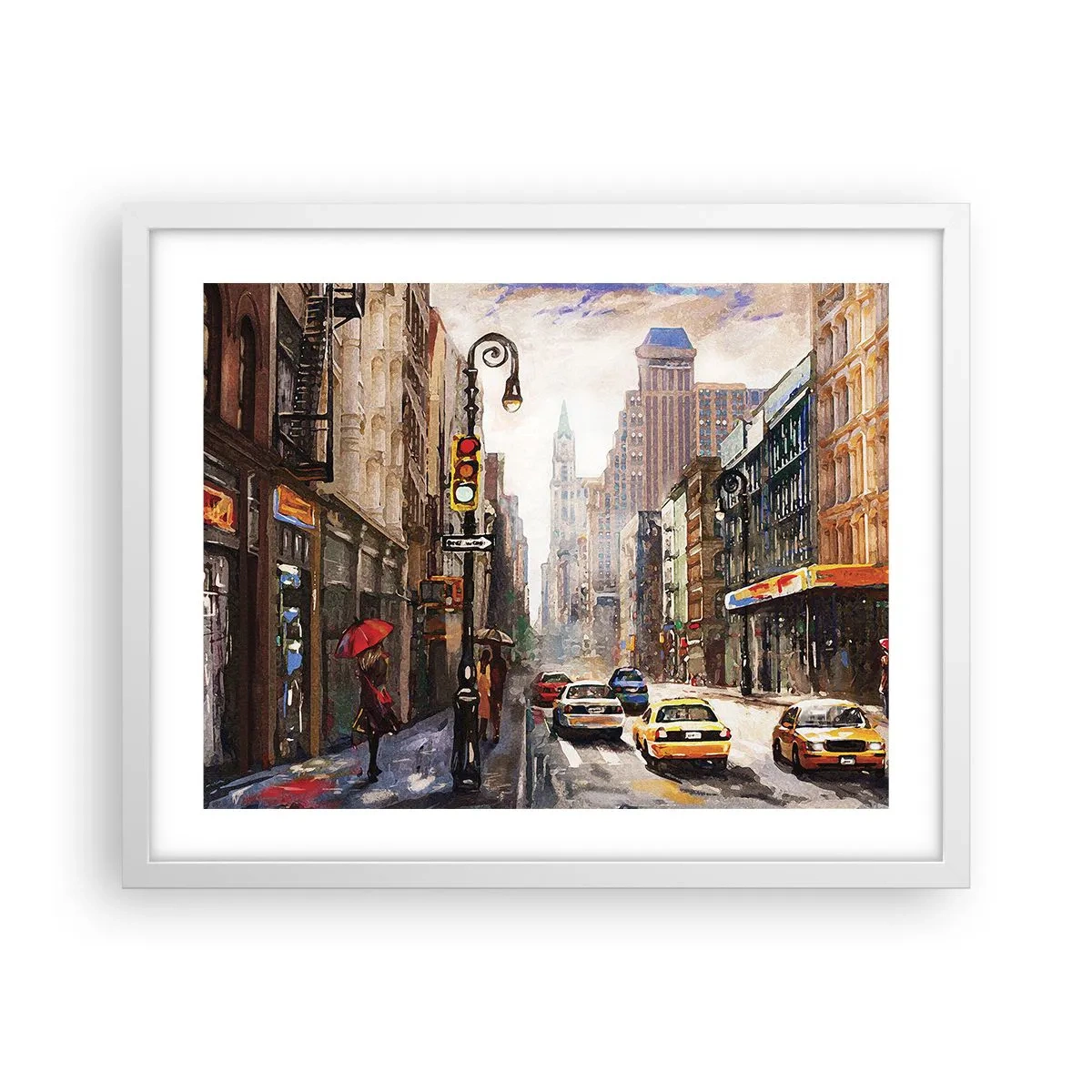 Poster in een witte lijst - New York - ook kleurrijk in de regen - 50x40 cm