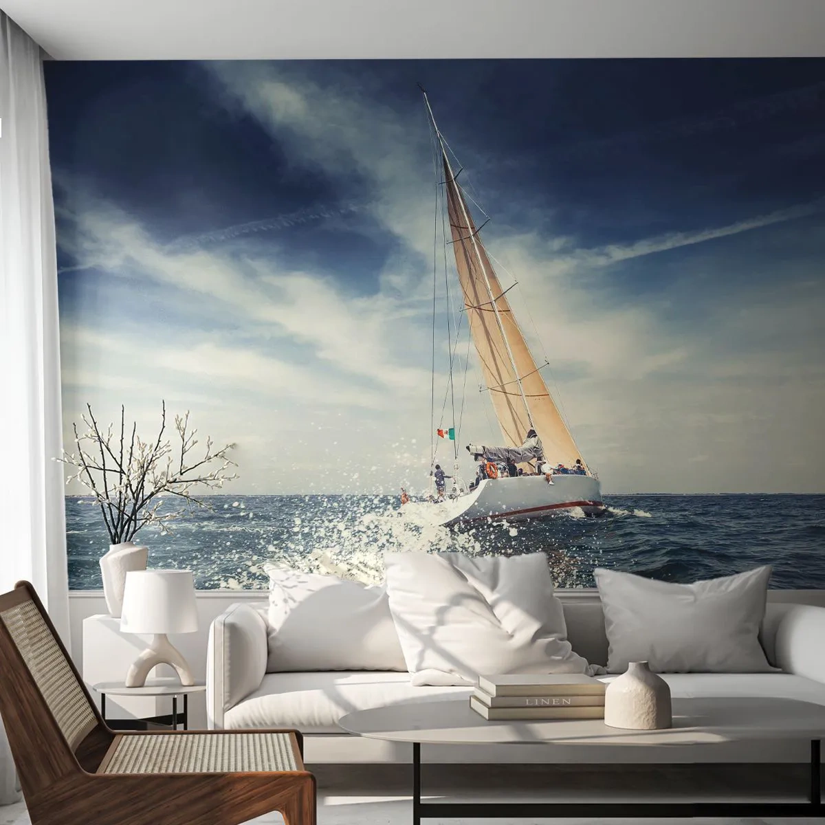 Fotobehang Standard Eco - Een zeiljacht op open zee onder een blauwe lucht - 100x70cm - Ze halen ons niet in! - Moderne wanddecoratie voor woonkamer en slaapkamer ARTTOR