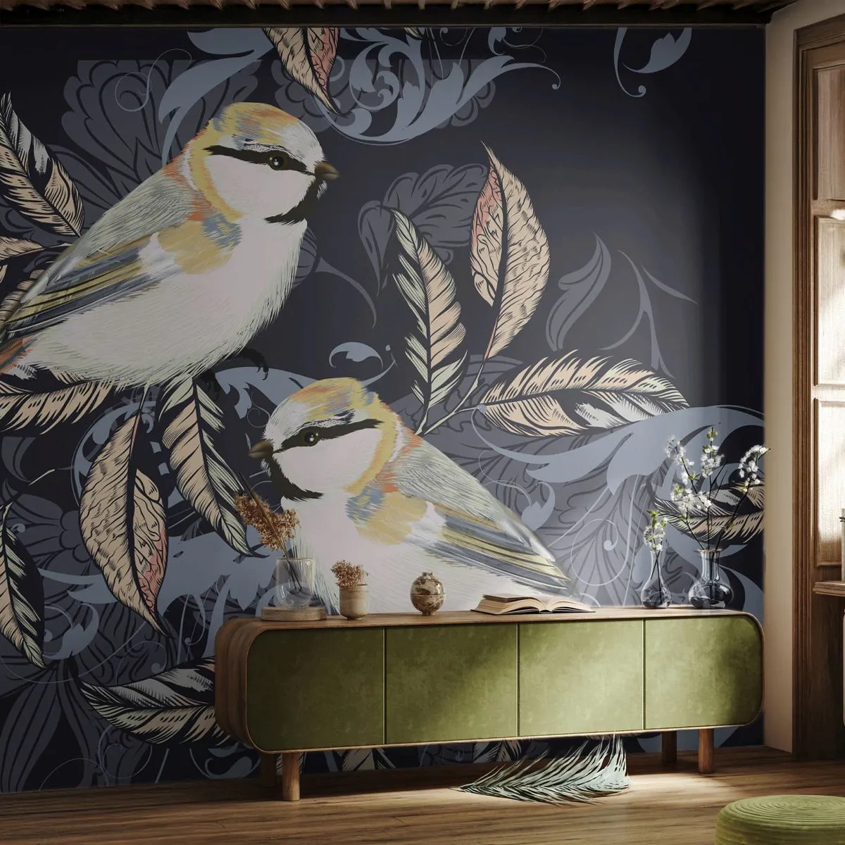 Zelfklevend Fotobehang Deluxe Sticker - Geel-blauwe triller - Abstractie, Vogels, Bladeren - 450x315 cm