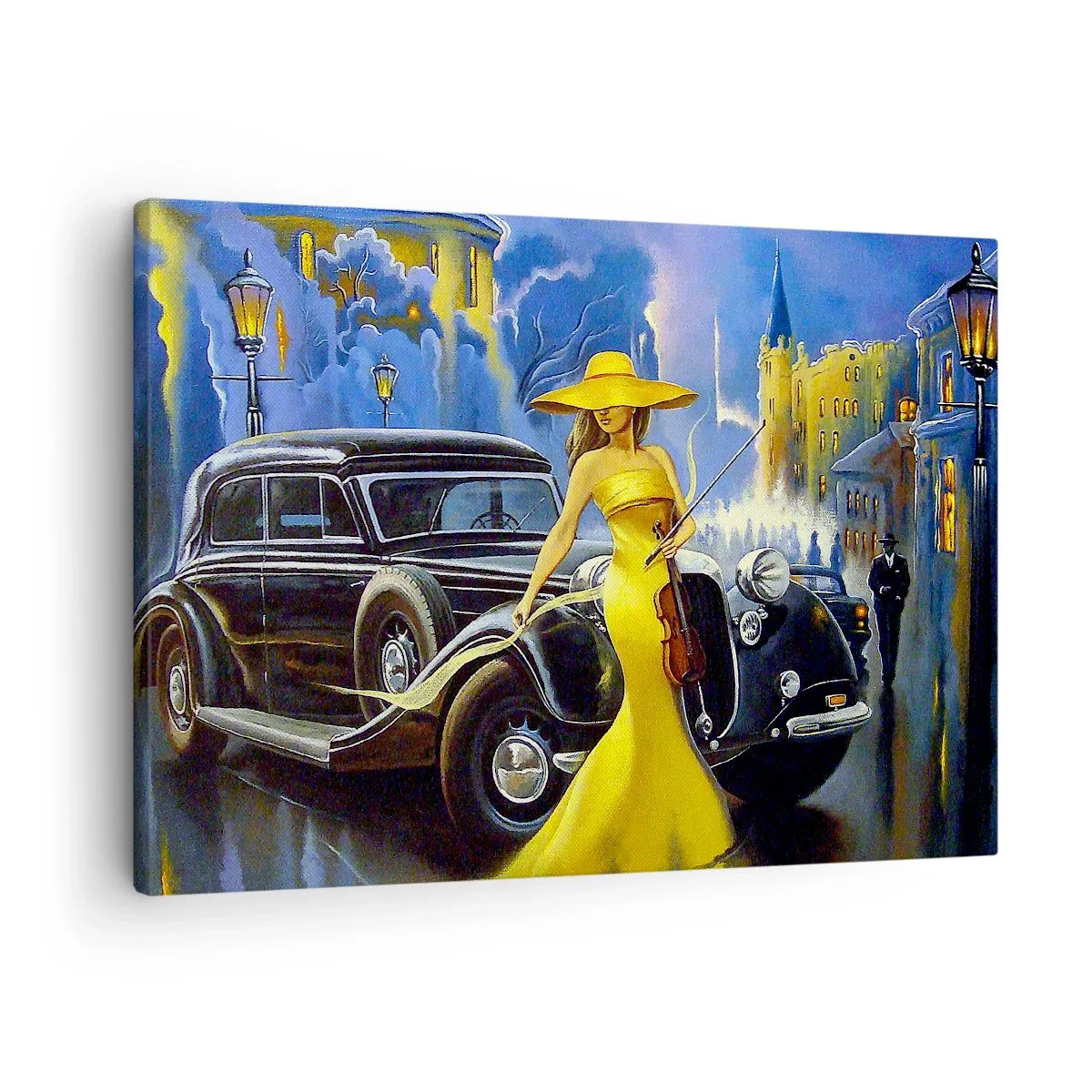 Schilderen op canvas - Een vrouw in een gele jurk met een viool naast een retro-auto. - 70x50cm - Nocturne voor viool en liefde - Moderne wanddecoratie voor woonkamer en slaapkamer ARTTOR