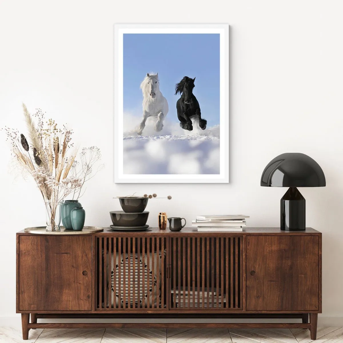 Poster in een witte lijst - Zwart-wit galop - 30x40 cm