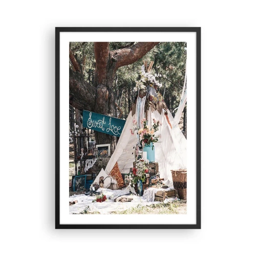 Poster in een zwarte lijst - Een compositie in boho-stijl met een tent, bloemen en de woorden Sweet Love - 50x70cm - De liefde bedrijven ... - Moderne wanddecoratie voor woonkamer en slaapkamer ARTTOR