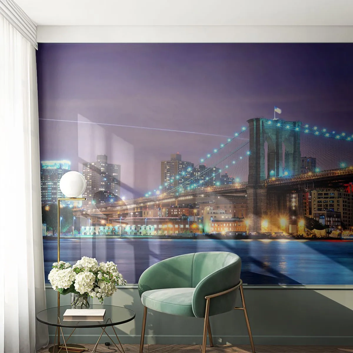 Fotobehang Premium Sand - Al vele jaren de Brooklyn Bridge - Stad, New York, Brooklyn Bridge - 500x350 cm