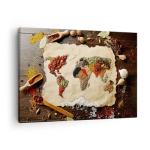 Schilderen op canvas - Een wereldkaart van specerijen op een houten achtergrond. - 70x50cm - Alle smaken van de wereld - Moderne wanddecoratie voor woonkamer en slaapkamer ARTTOR