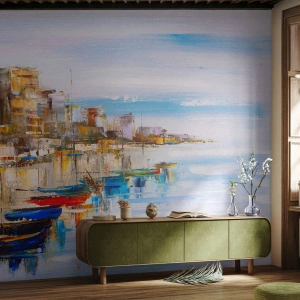 Fotobehang Standard Eco - Een kleurrijke impressie van een haven en boten in schilderachtige stijl - 100x70cm - Een veelkleurig stedelijk toevluchtsoord - Moderne wanddecoratie voor woonkamer en slaapkamer ARTTOR