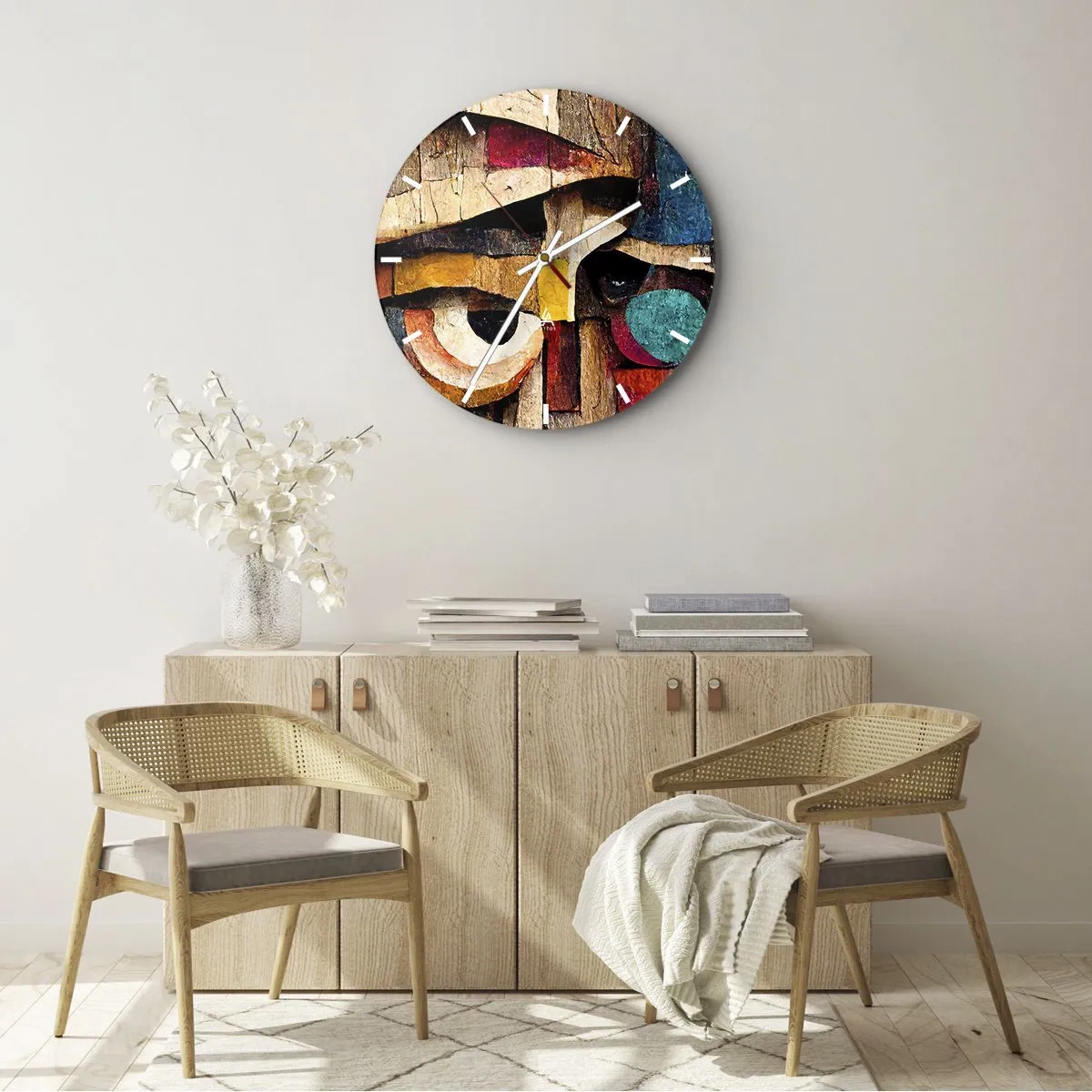 Wandklok - Klok - Kleurrijk gezicht in de stijl van een houten mozaïek gemaakt van geometrische vormen - 30x30cm - Ik zie je… - Moderne wanddecoratie voor woonkamer, keuken en slaapkamer ARTTOR