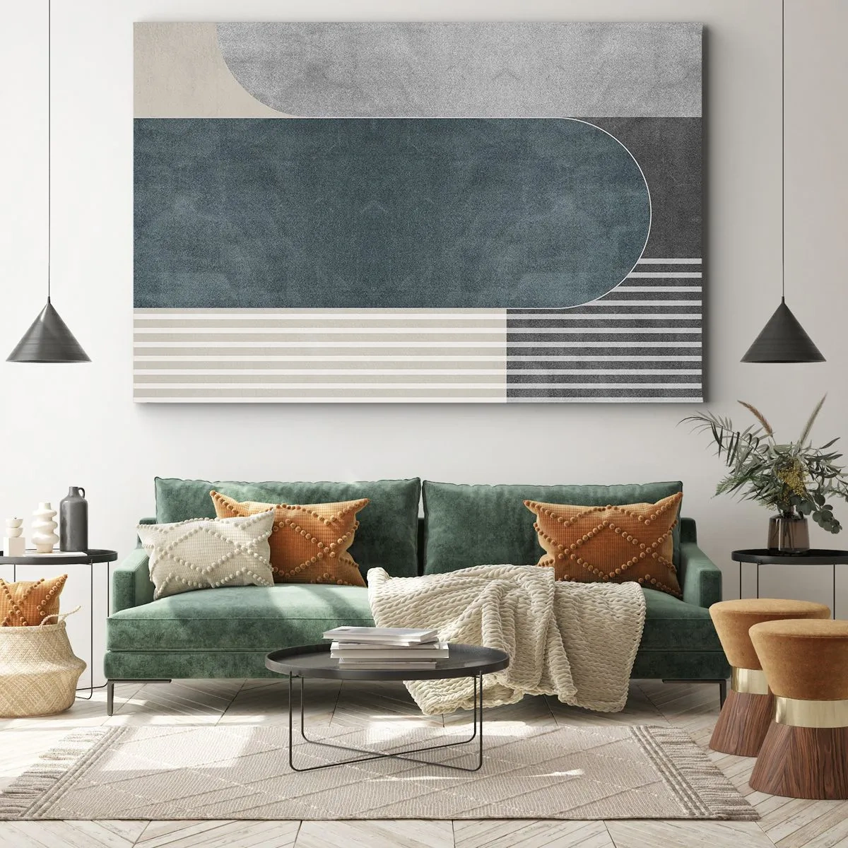 Schilderen op canvas - Geometrische abstractie in tinten grijs en groen - 70x50cm - Compositie op niveau - Moderne wanddecoratie voor woonkamer en slaapkamer ARTTOR