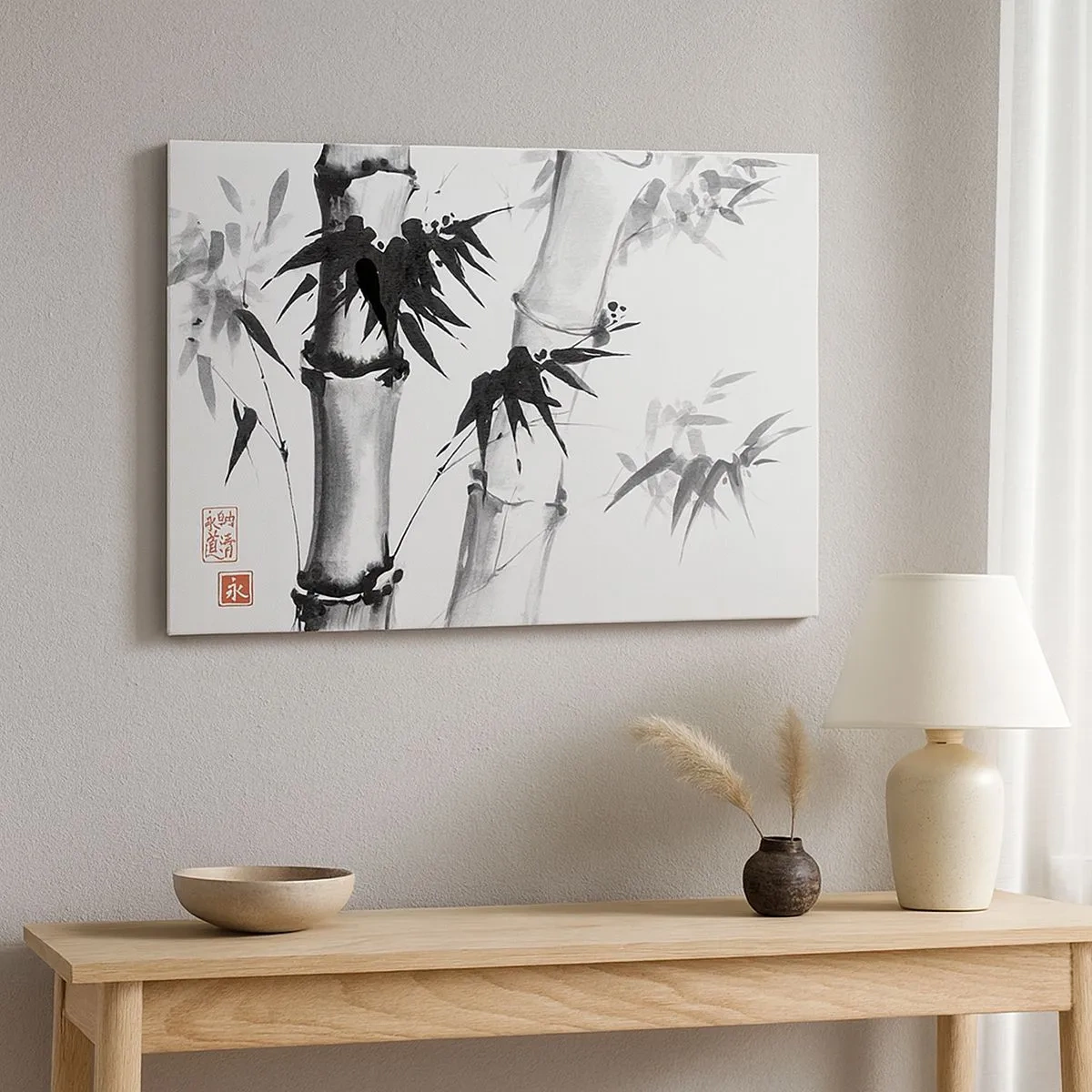 Schilderen op canvas - Japanse aquarelbamboe op een witte achtergrond - 70x50cm - Close-up op het oosten - Moderne wanddecoratie voor woonkamer en slaapkamer ARTTOR