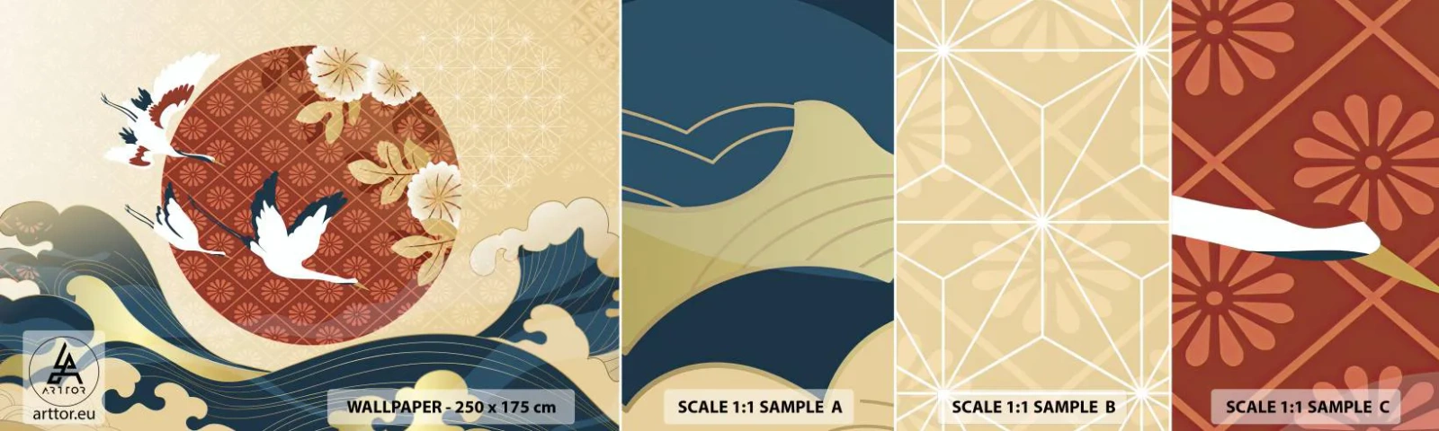 Fotobehang Monster Zelfklevend Deluxe Sticker - Japans sprookje - Reiger, Vogel, Abstractie - 100x30 cm