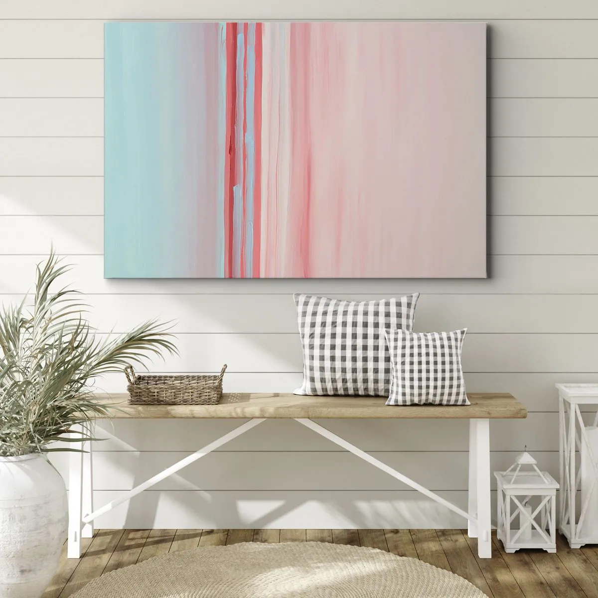 Schilderen op canvas - Pastellijnen in tinten roze en blauw in een minimalistische compositie - 70x50cm - Abstractie bij dageraad - Moderne wanddecoratie voor woonkamer en slaapkamer ARTTOR