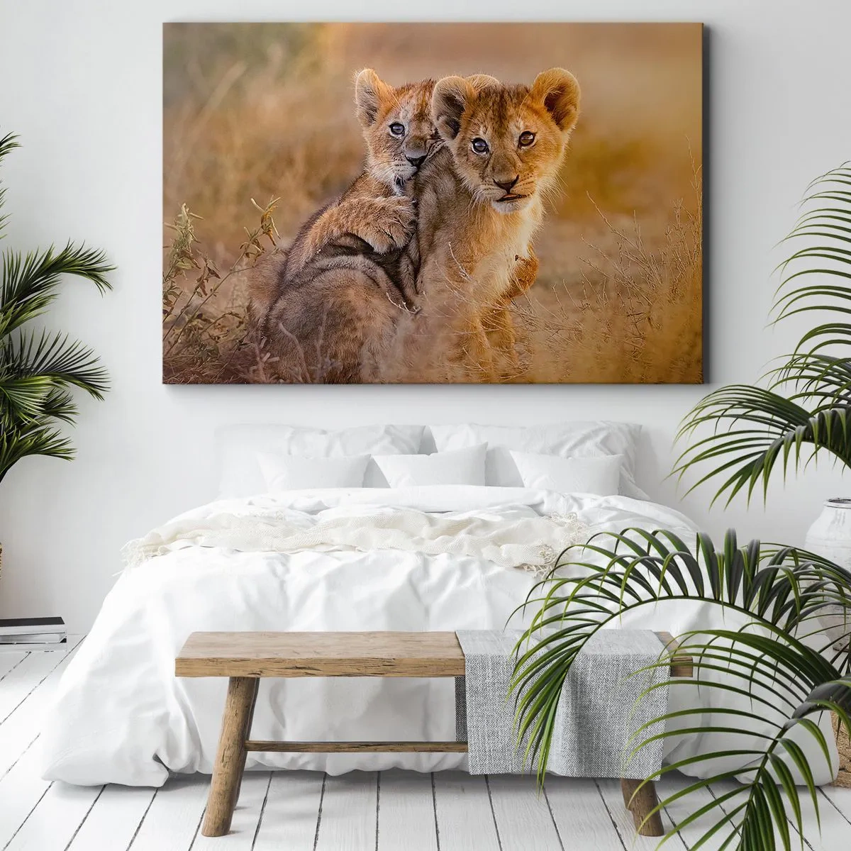Schilderen op canvas - Schattige leeuwenwelpen in hun natuurlijke omgeving - 70x50cm - Niet storen! We hebben plezier - Moderne wanddecoratie voor woonkamer en slaapkamer ARTTOR