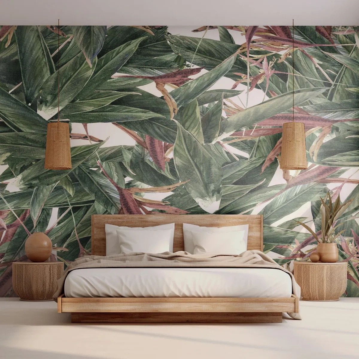 Fotobehang Premium Sand - Smaragd-lila struikgewas - Bloemen, Hawaii, Bladeren - 300x210 cm