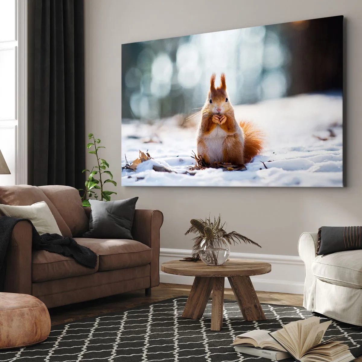 Schilderen op canvas - Een eekhoorn in een winterlandschap - 70x50cm - Waar kijk je naar? - Moderne wanddecoratie voor woonkamer en slaapkamer ARTTOR
