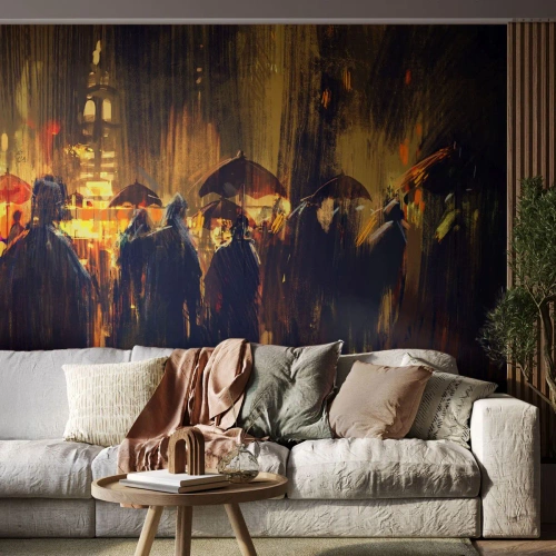 Fotobehang Premium Sand - Volgelingen van de regen - Stad, Mensen, Paraplu - 150x105 cm