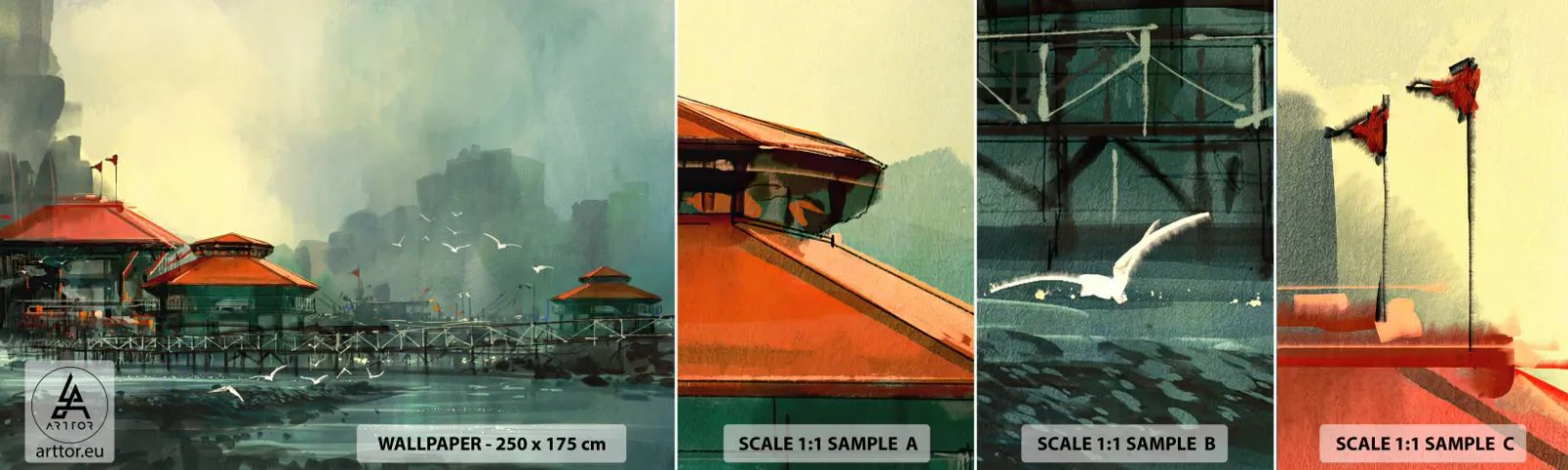 Fotobehang Monster Zelfklevend Deluxe Sticker - Een zonnige dag in de haven - Havenstad, Architectuur, Zee - 100x30 cm