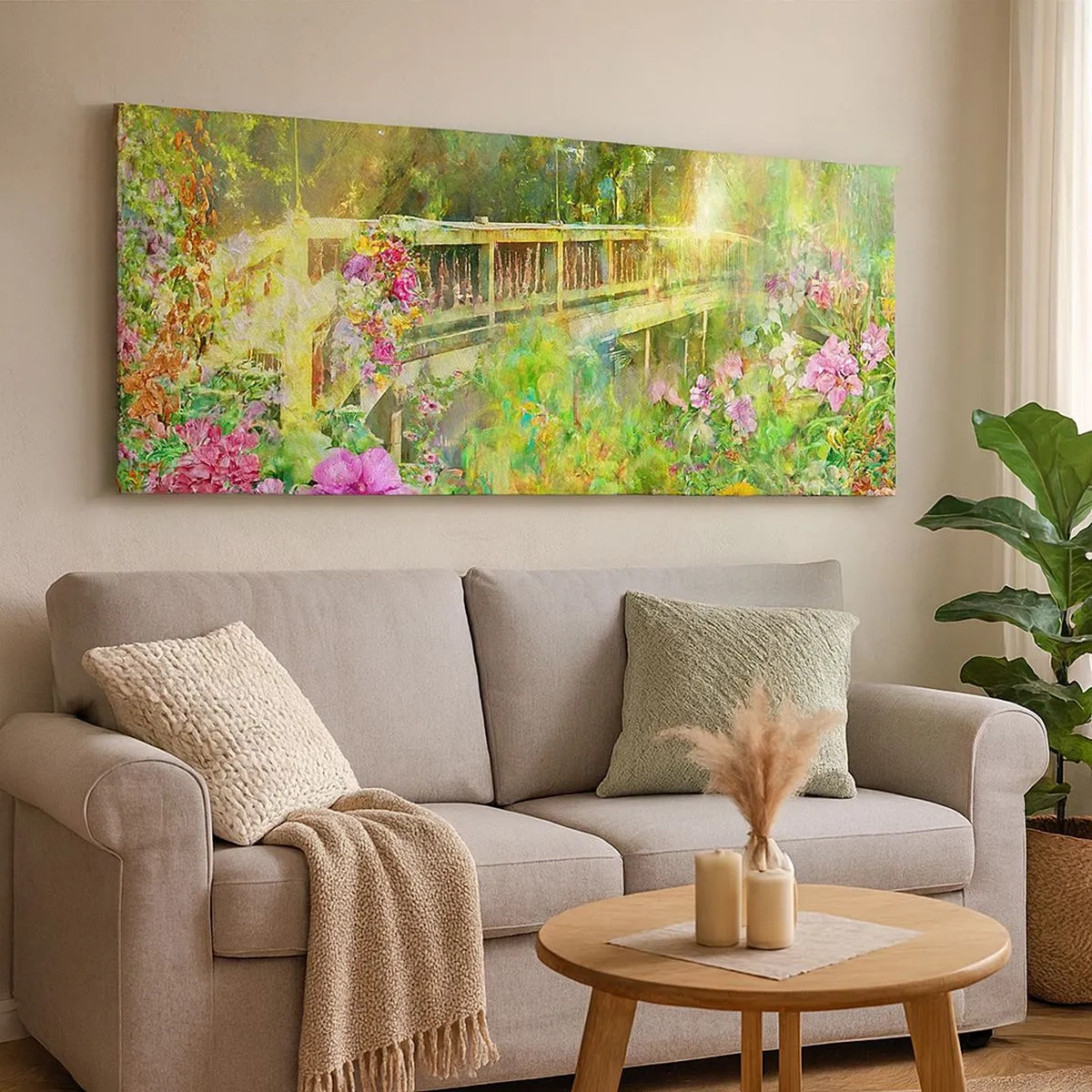 Schilderen op canvas - Een brug van lentezuchten - 100x40 cm