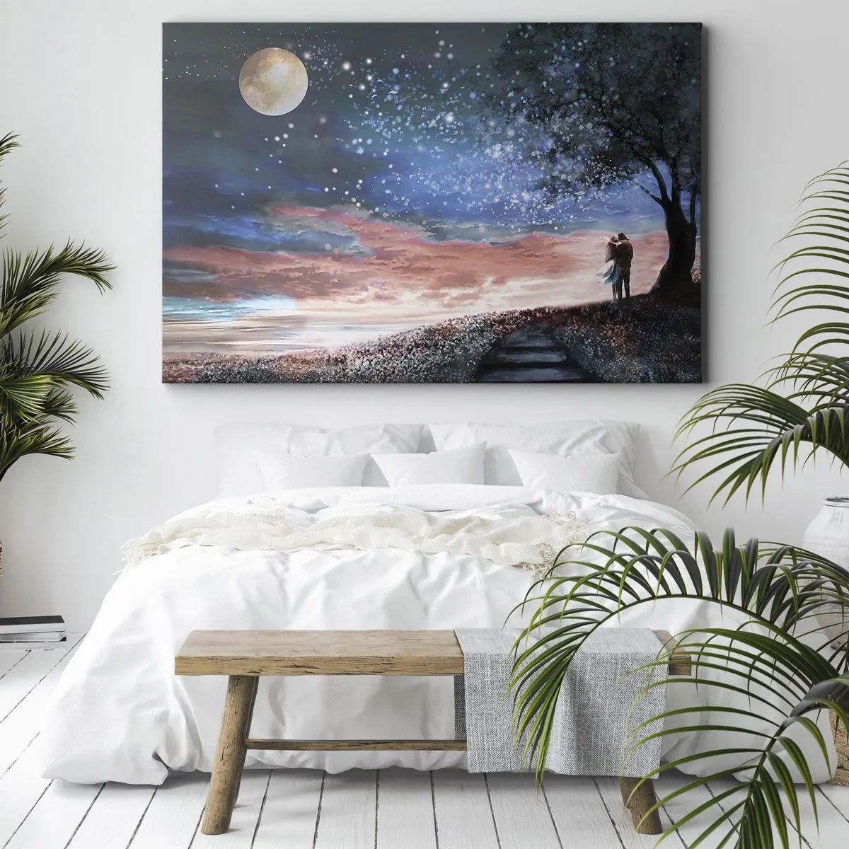Schilderen op canvas - Romantisch koppel onder de volle maan - 70x50cm - Een sterrenspektakel - Moderne wanddecoratie voor woonkamer en slaapkamer ARTTOR