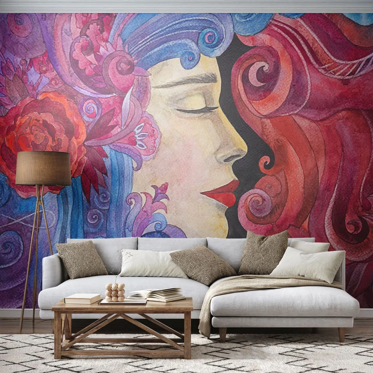 Fotobehang Standard Eco - De Art Nouveau leeft nog - Vrouw, Bloemen, Godin - 400x280 cm