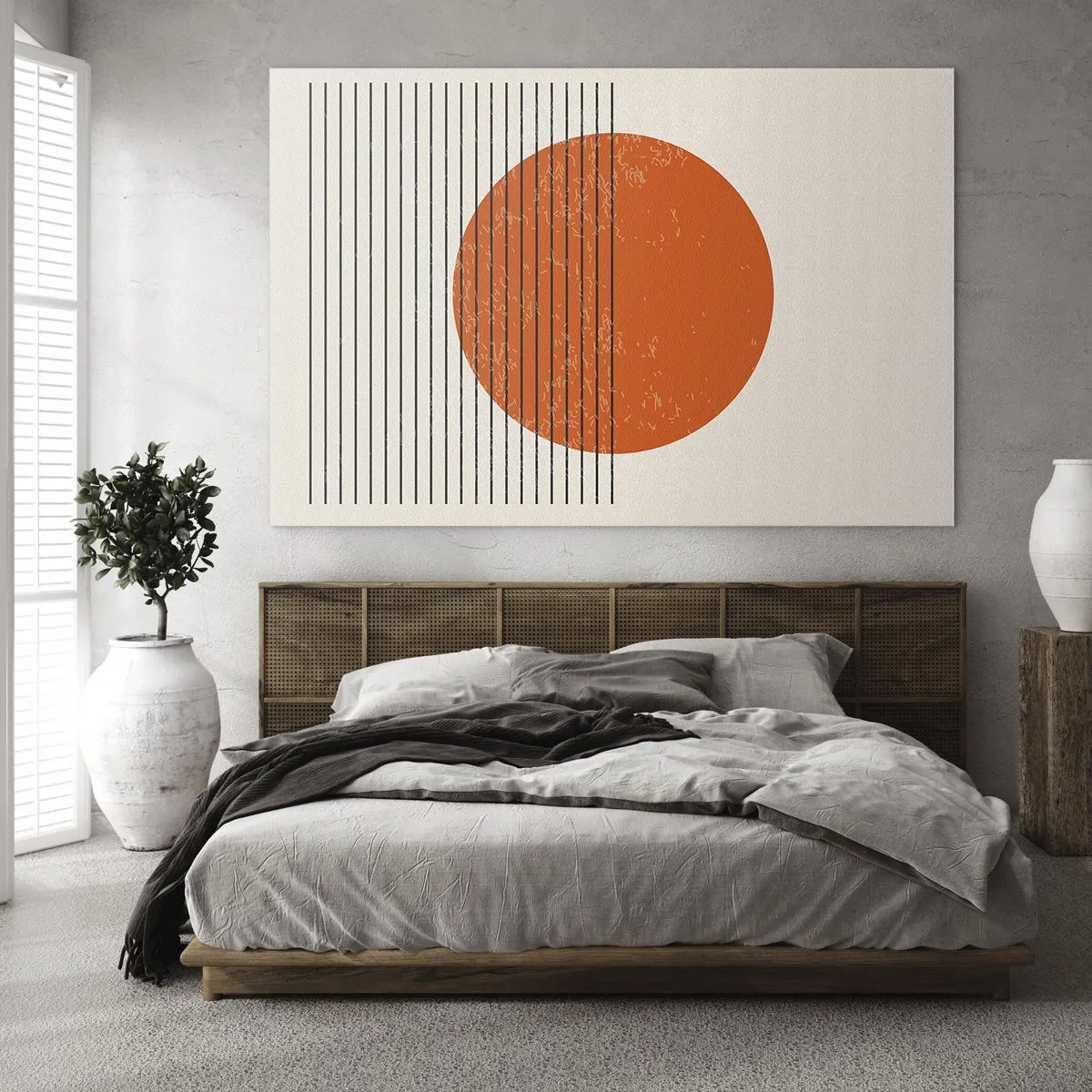Schilderen op glas - Geometrische compositie met oranje cirkel en lijnen - 70x50cm - Altijd de zon - Moderne wanddecoratie voor woonkamer en slaapkamer ARTTOR