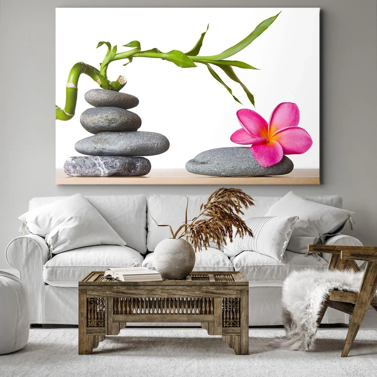 Schilderen op canvas - Bamboe en roze bloem op zen-stijl stenen - 70x50cm - Kleuren van leven en duur - Moderne wanddecoratie voor woonkamer en slaapkamer ARTTOR