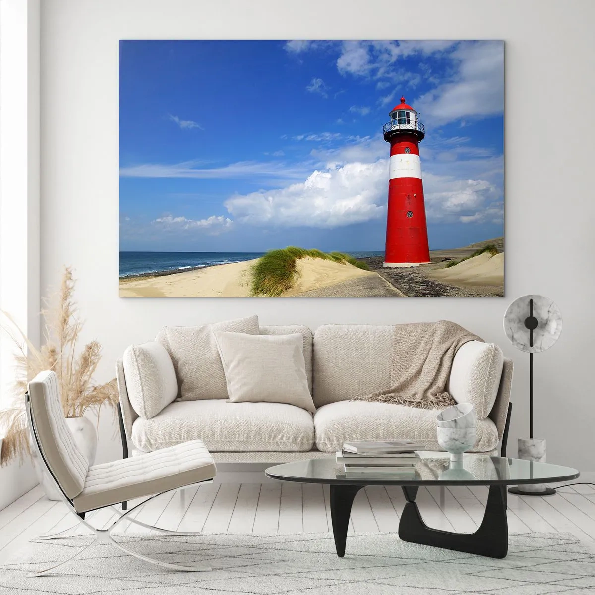 Schilderen op glas - Een rode vuurtoren tegen een blauwe lucht - 70x50cm - Een droom eenzame plek - Moderne wanddecoratie voor woonkamer en slaapkamer ARTTOR