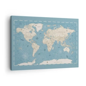 Schilderen op canvas - Decoratieve wereldkaart in tinten blauw en beige - 70x50cm - De wereld binnen handbereik - Moderne wanddecoratie voor woonkamer en slaapkamer ARTTOR